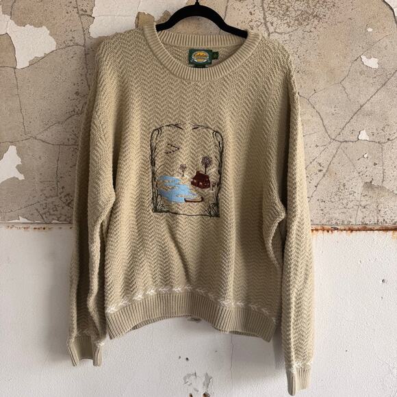 Cabela's Sweaters - Vintage Sweater Womens XL 90s Herringbone Knit Snowy Cabin Embroidered Logdecore